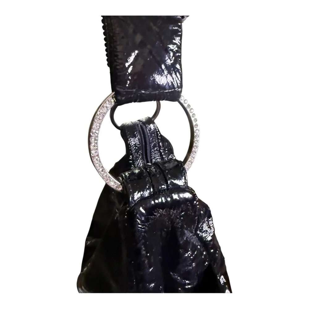 DXtouch Black Patent Leather Shoulder Bag Rhinestone Strap Y2K Glam Hobo Bag